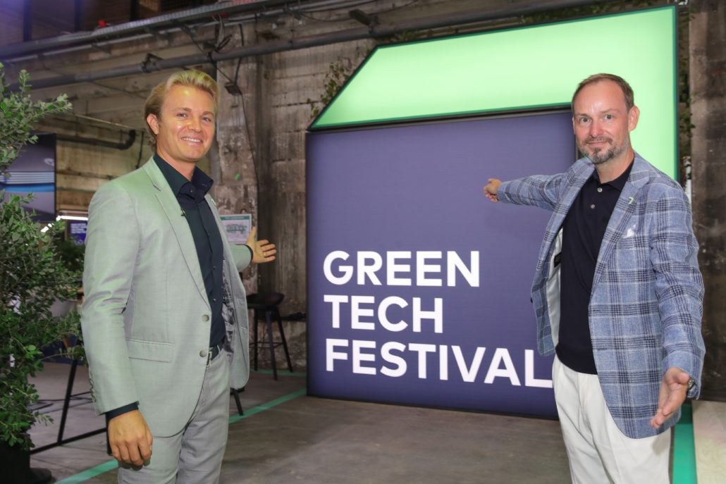 BERLIN, GERMANY - SEPTEMBER 16: Nico Rosberg and Marco Voigt pose during day 1 of the Greentech Festival at Kraftwerk Mitte on September 16, 2020 in Berlin, Germany. The Greentech Festival is the first festival to celebrate green technology and to accelerate the shift to more sustainability. The festival takes place from September 16 to 18. (Photo by Andreas Rentz/Getty Images for Greentech Festival)